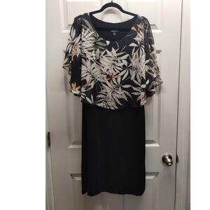Connected Apparel Womens Size 16 Black Midi Shift Dress Sheer Leaf Print Overlay